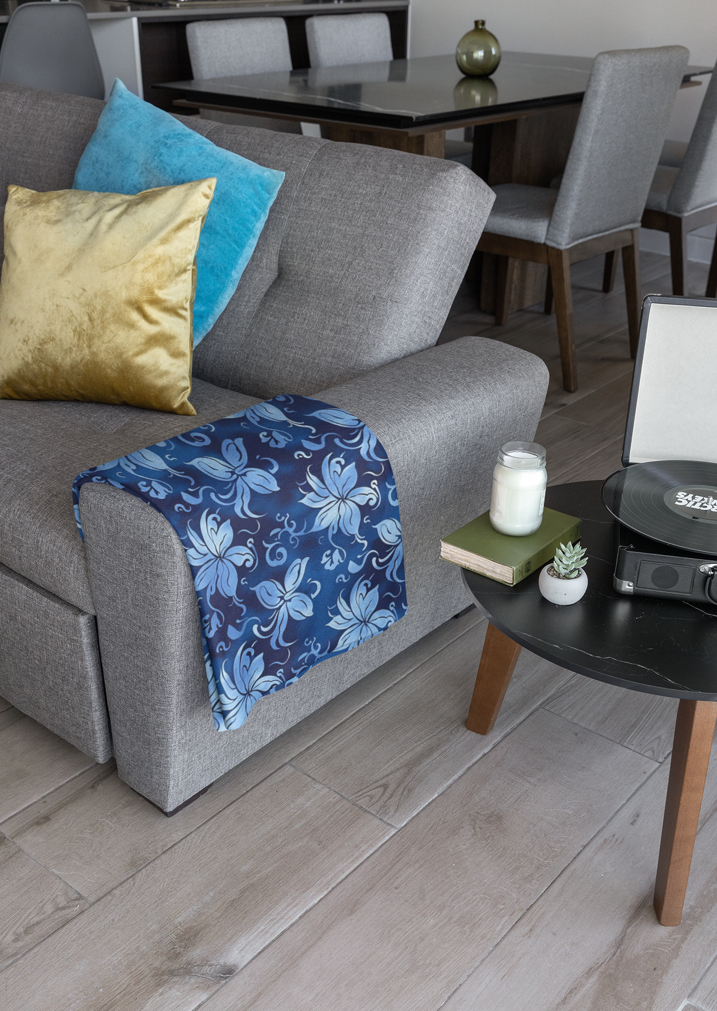 Blue Serenity Harmonious Floral - Velveteen Fleece Throw Blanket