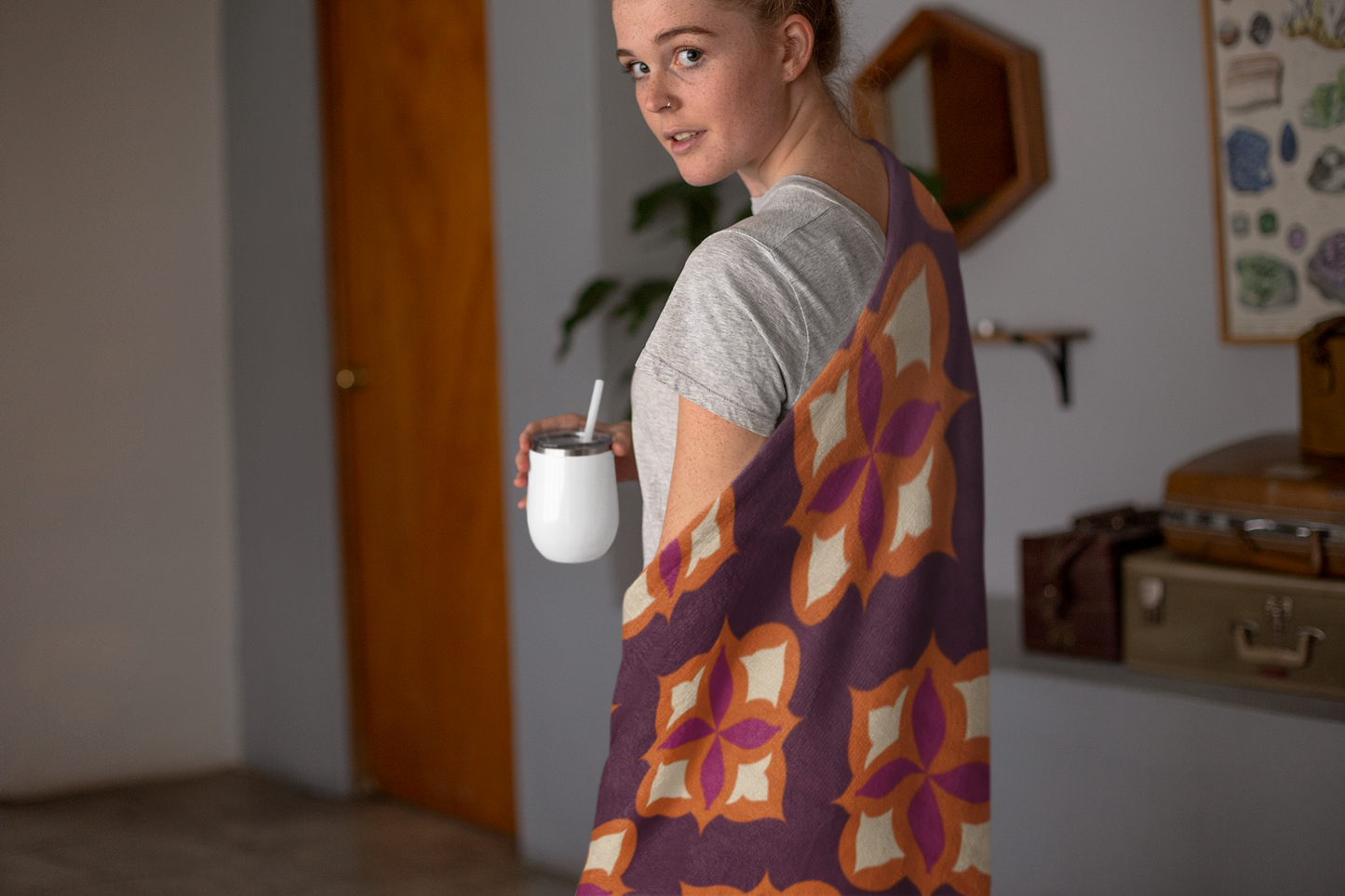 Maroon and Orange Quatrefoil Elegance Velveteen Fleece Throw Blanket