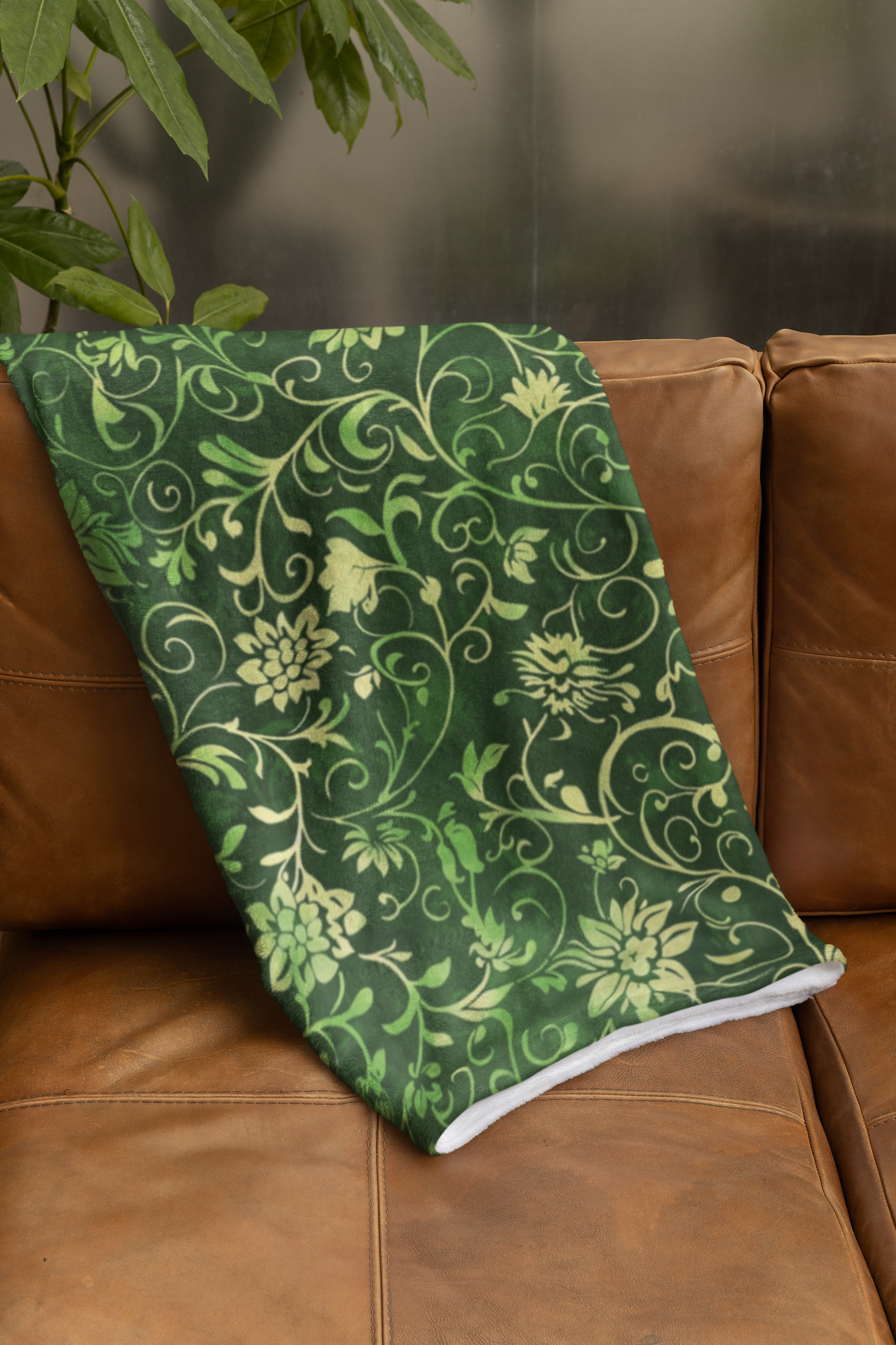 Verdant Vines Green Floral - Velveteen Fleece Throw Blanket