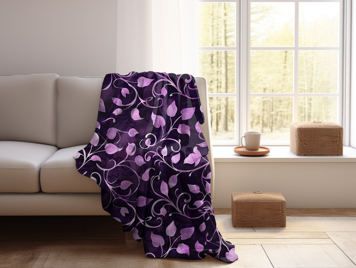 Midnight Whispers Lavender Vines - Velveteen Fleece Throw Blanket