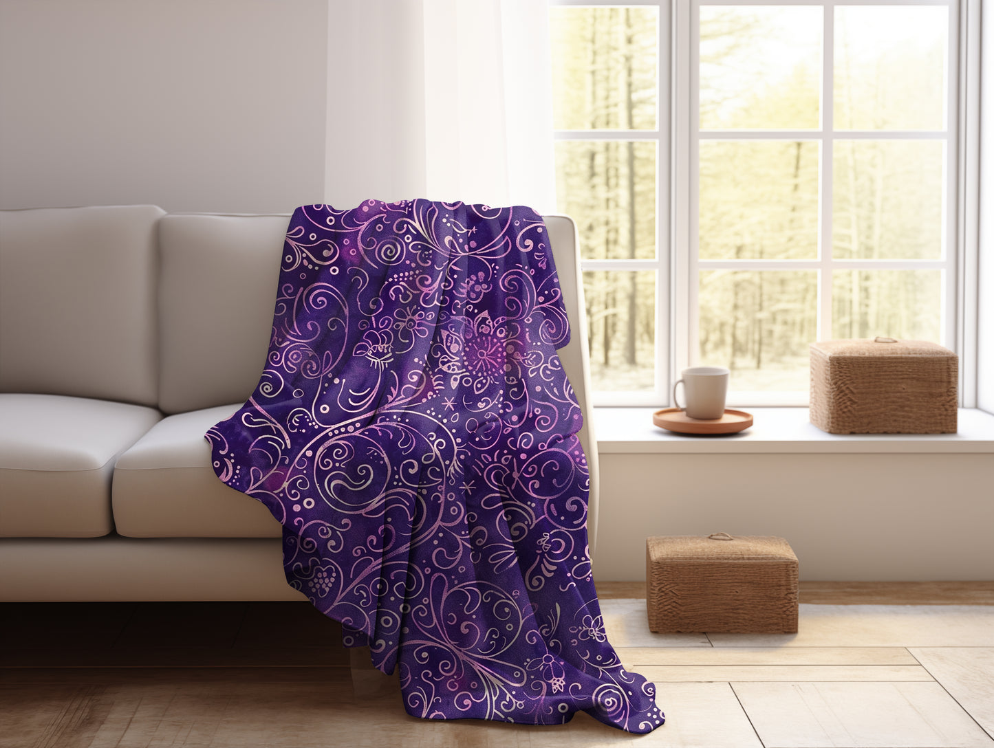 Enchanted Twilight Mystical Floral Swirls - Velveteen Fleece Throw Blanket