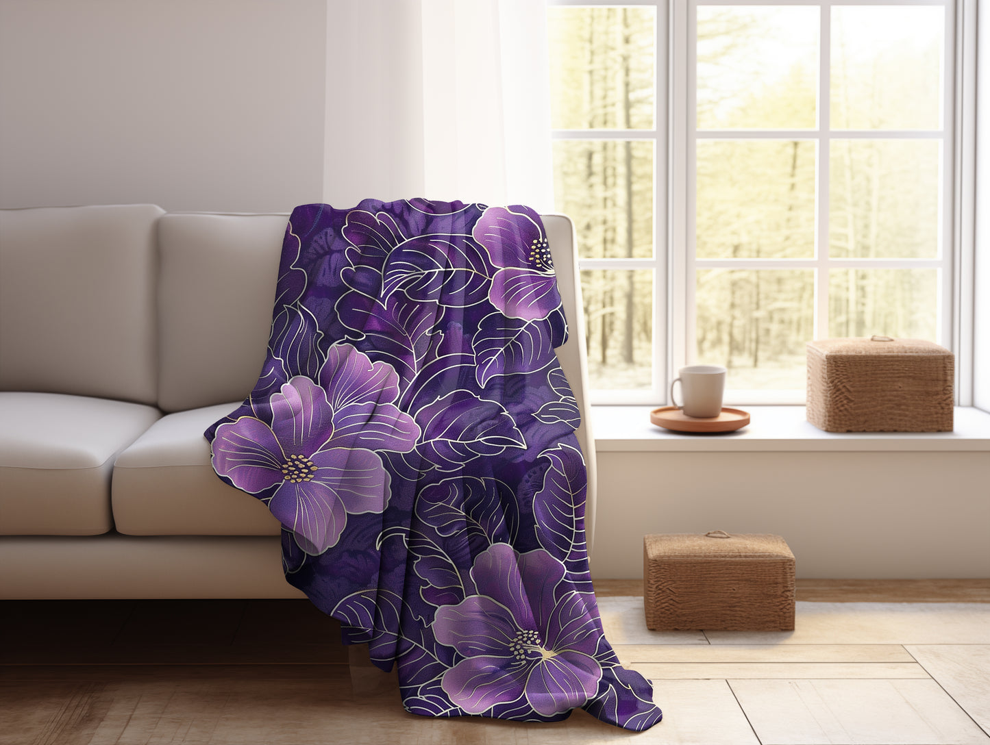 Midnight Hibiscus Velveteen Fleece Throw Blanket