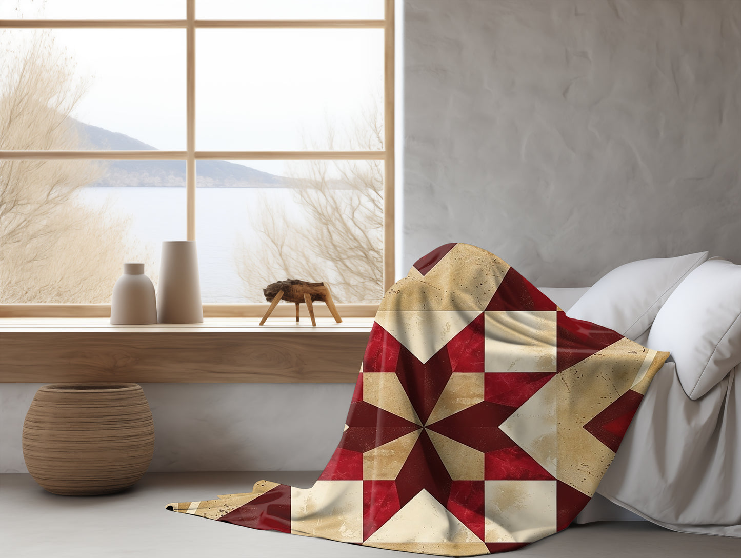 Red/Tan Multicolor Barn Quilt-Inspired Plush Throw Blanket - Cozy Geometric Velveteen Fleece Accent