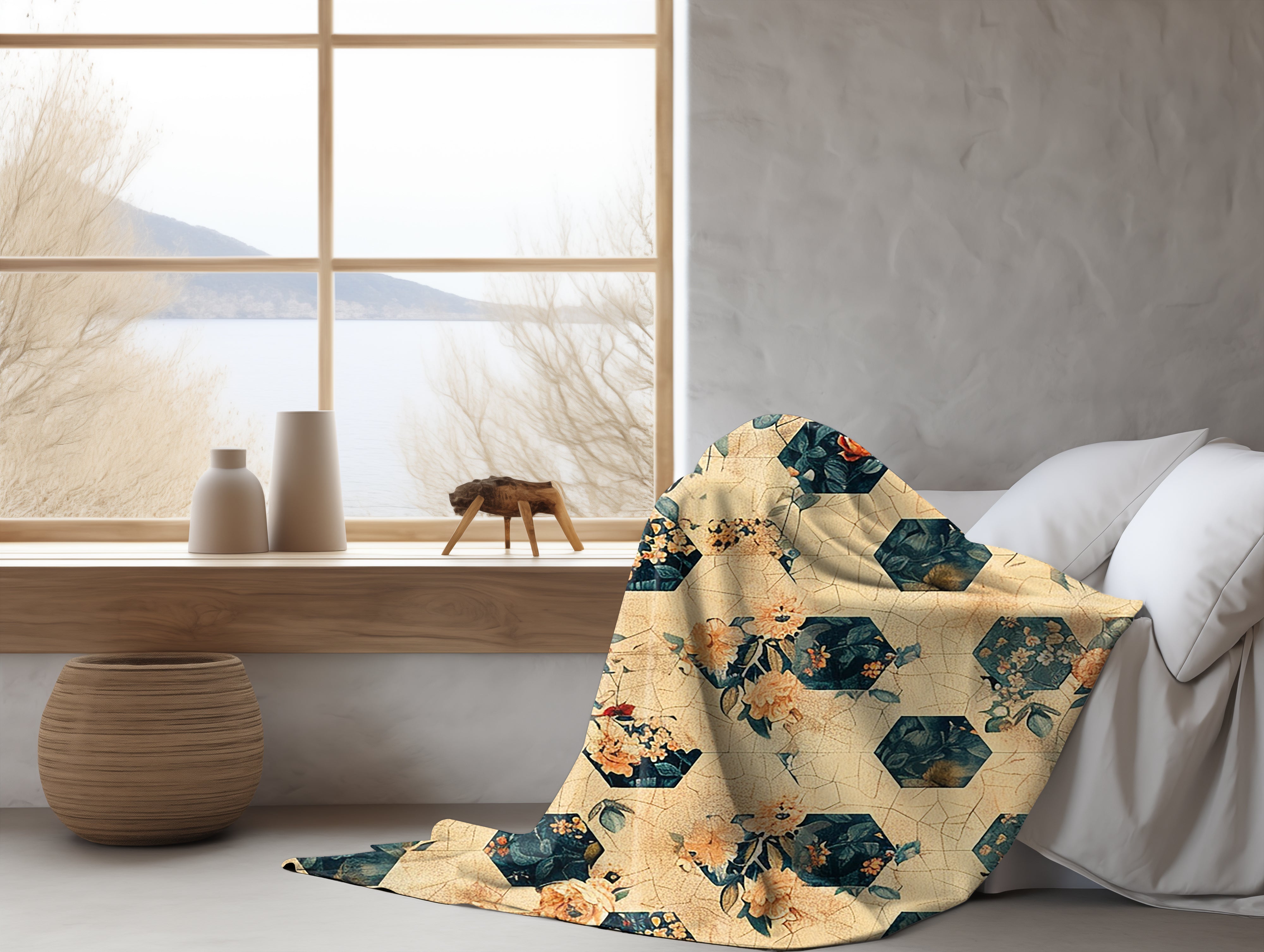 Velveteen Fleece Cottagecore: Rustic Honeycomb Flowers