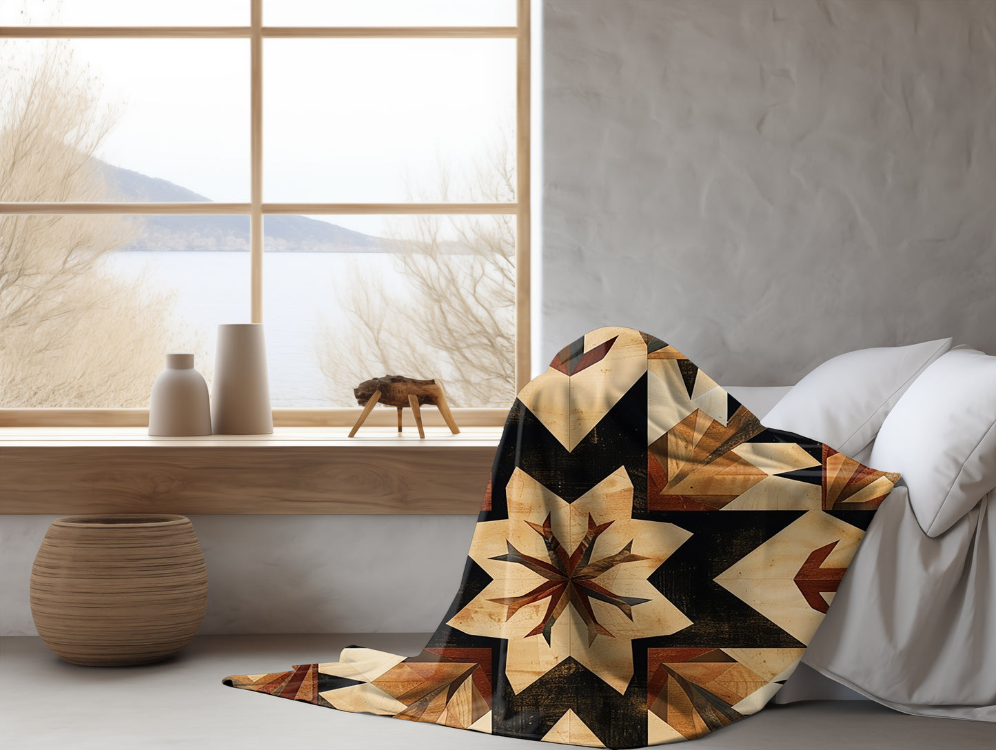 Tan Barn Quilt-Inspired Plush Throw Blanket - Cozy Geometric Velveteen Fleece Accent