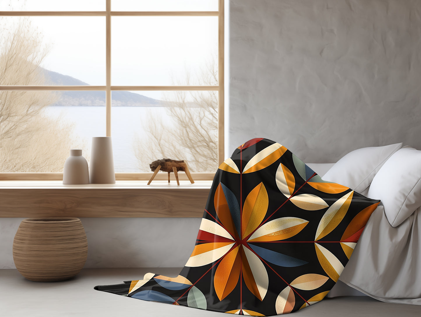 Tan/Blue/Red Multicolor Barn Quilt-Inspired Plush Throw Blanket - Cozy Geometric Velveteen Fleece Accent