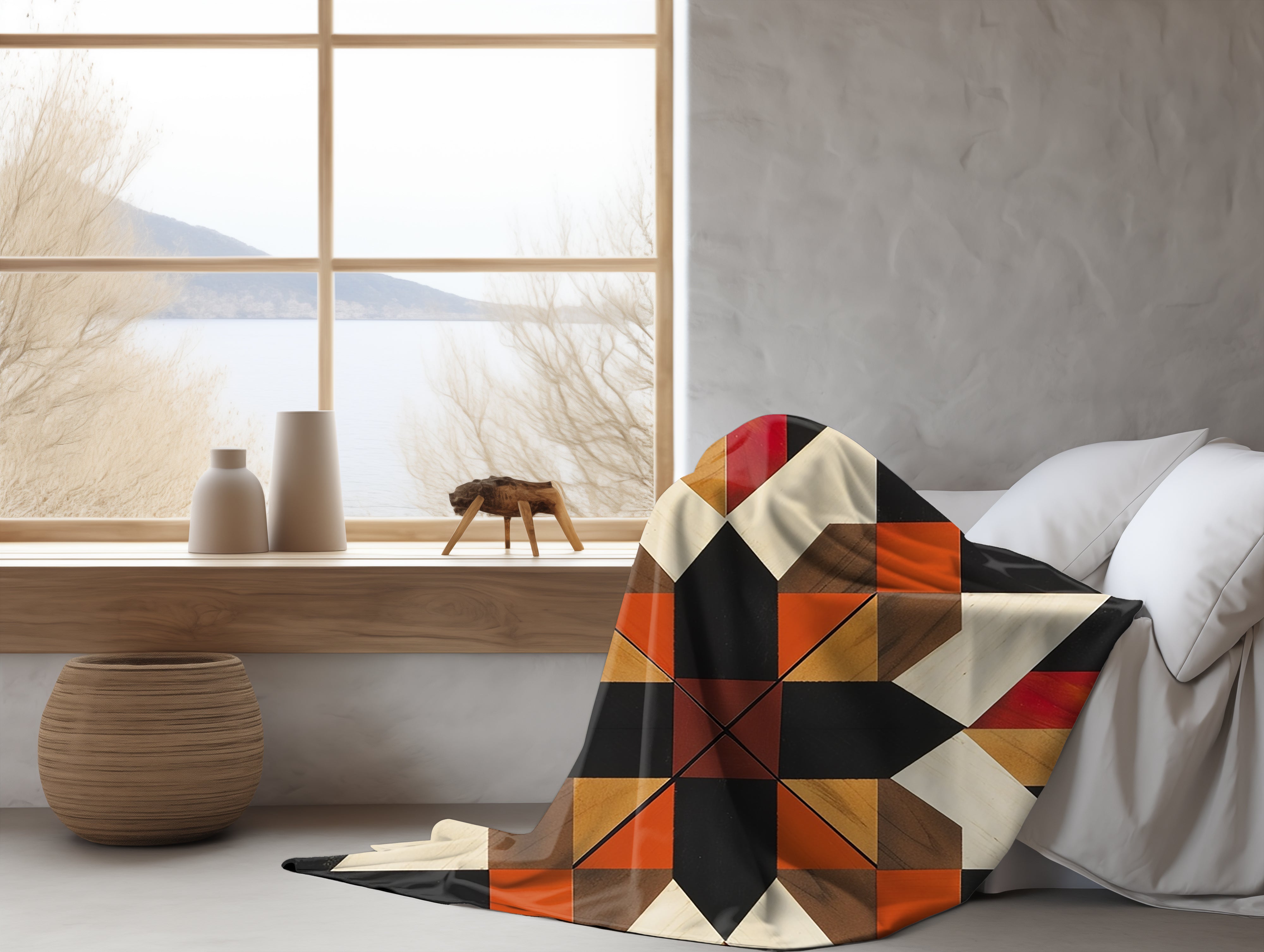 Black/Red/Orange Barn Quilt-Inspired Plush Throw Blanket - Cozy Geometric Velveteen Fleece Accent