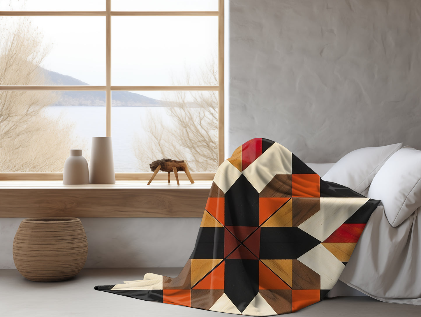 Black/Red/Orange Barn Quilt-Inspired Plush Throw Blanket - Cozy Geometric Velveteen Fleece Accent