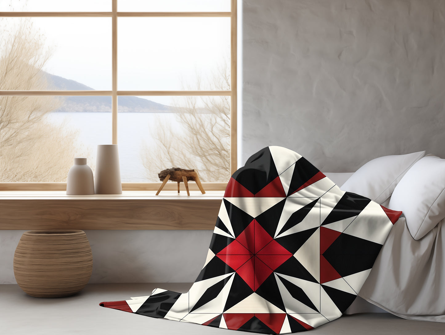 Red, Black and White Barn Quilt-Inspired Plush Throw Blanket - Cozy Geometric Velveteen Fleece Accent